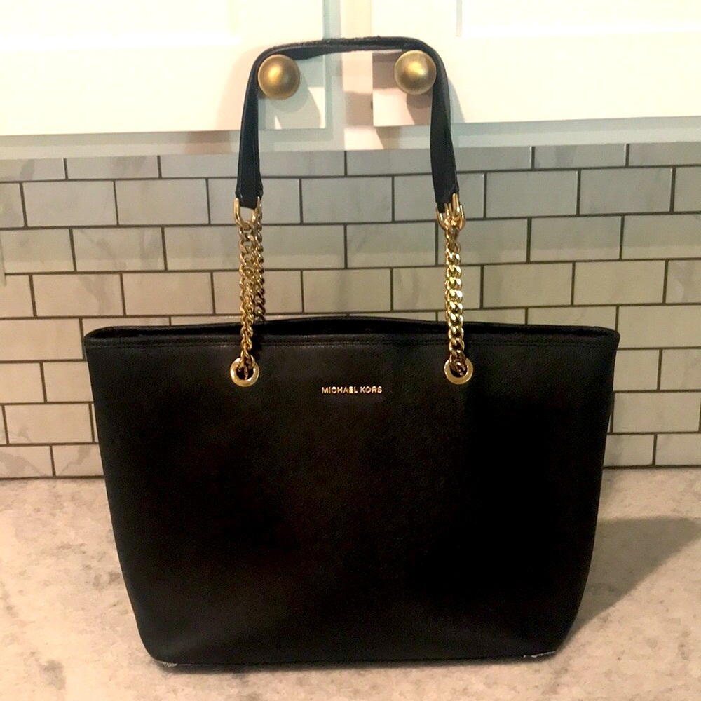 Michael Kors Jet Set Travel Black Leather Tote Gold Chain Straps